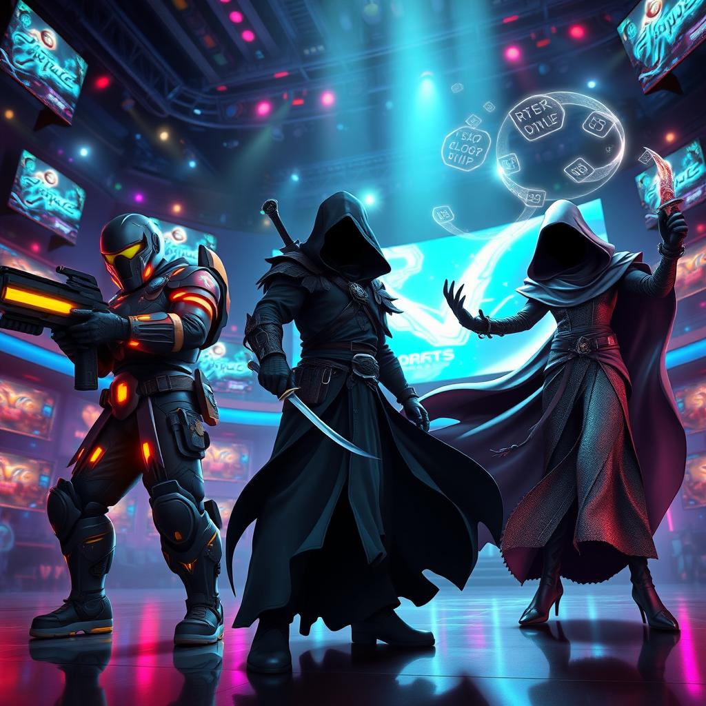 A dynamic and energetic scene depicting three shadowy eSports characters, each representing different gaming genres