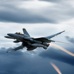 The iconic F-14 Tomcat jet fighter soaring at high speed through a dramatic cloud-filled sky. The aircraft's twin engines are blazing and the swept wings are fully extended.