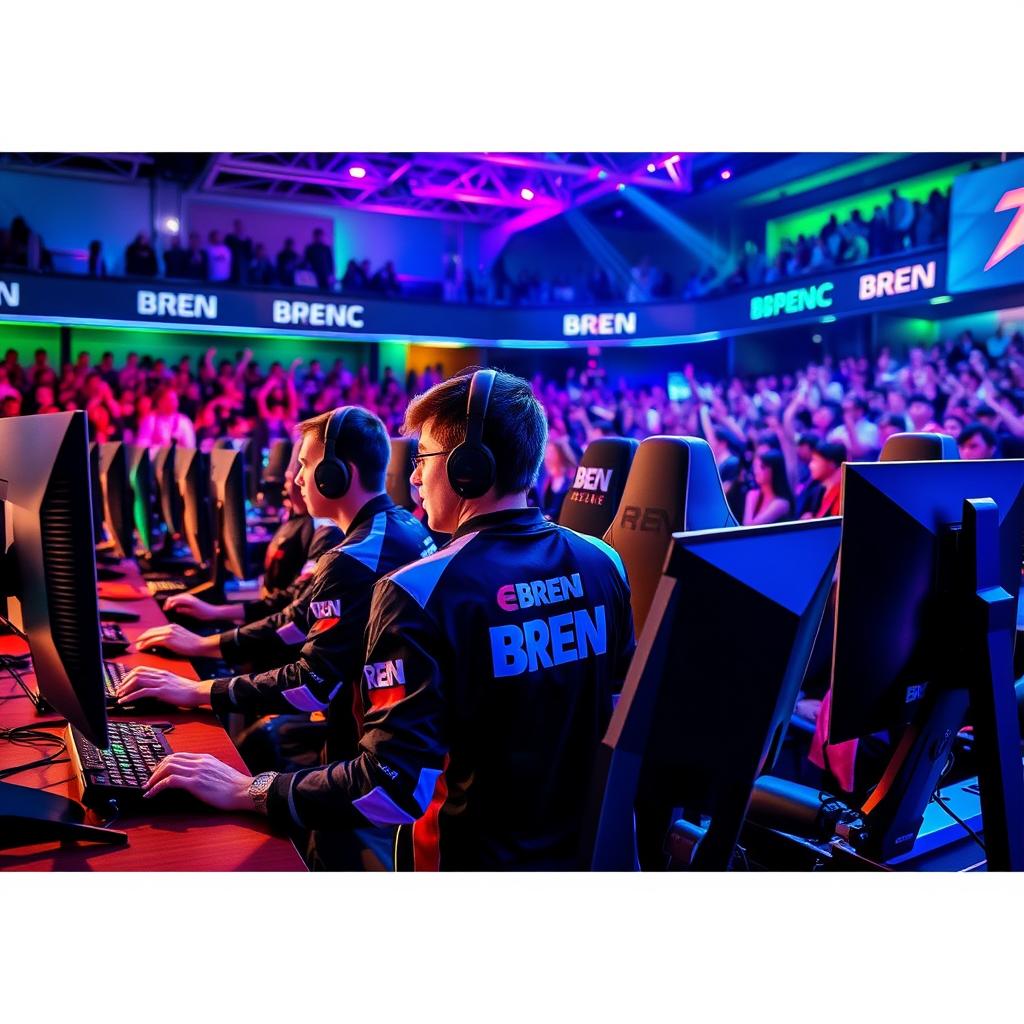 An exciting eSports match featuring a team called BREN, with players intensely focused on their gaming screens on a vibrant, high-tech gaming stage