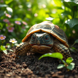 A frightened tortoise with wide, expressive eyes peeking from its shell, surrounded by a lush green environment with colorful flowers and soft sunlight filtering through the leaves