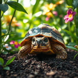 A frightened tortoise with wide, expressive eyes peeking from its shell, surrounded by a lush green environment with colorful flowers and soft sunlight filtering through the leaves