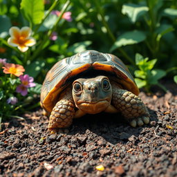 A frightened tortoise with wide, expressive eyes peeking from its shell, surrounded by a lush green environment with colorful flowers and soft sunlight filtering through the leaves