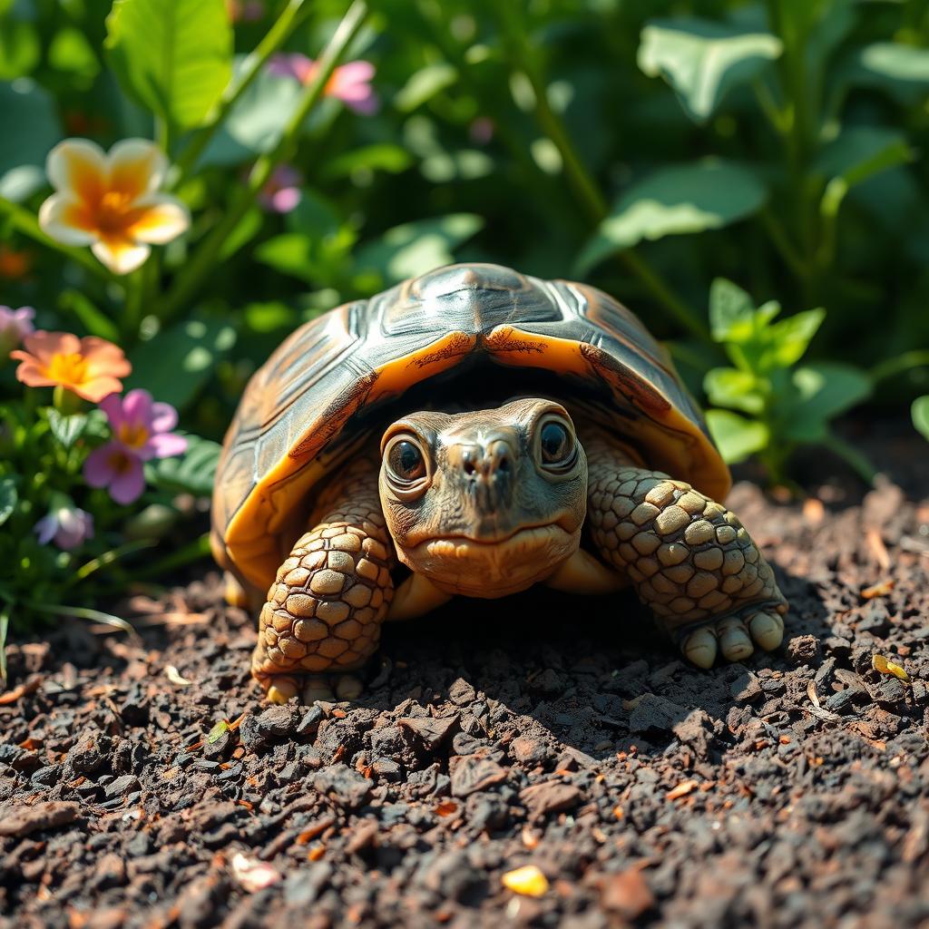 A frightened tortoise with wide, expressive eyes peeking from its shell, surrounded by a lush green environment with colorful flowers and soft sunlight filtering through the leaves
