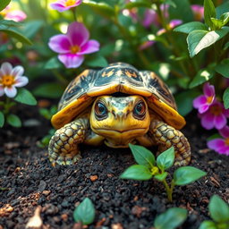 A frightened tortoise with wide, expressive eyes peeking from its shell, surrounded by a lush green environment with colorful flowers and soft sunlight filtering through the leaves