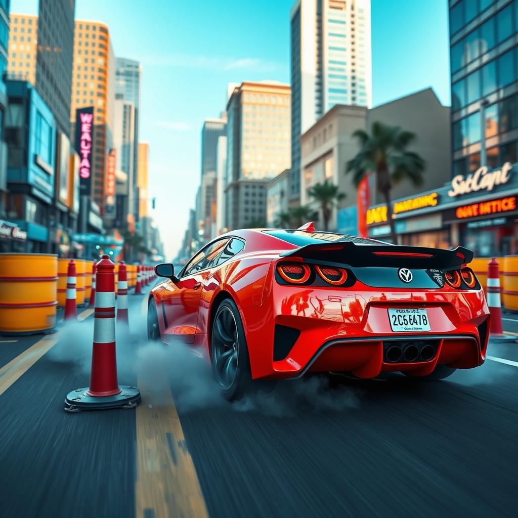 A dynamic scene of a sleek sports car expertly maneuvering through a series of obstacles in a vibrant urban environment