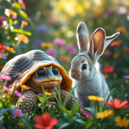 A scared tortoise with wide, expressive eyes peeking from its shell as a curious bunny approaches it