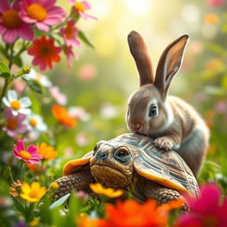 A scared tortoise with wide, expressive eyes peeking from its shell as a curious bunny approaches it