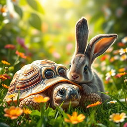 A scared tortoise with wide, expressive eyes peeking from its shell as a curious bunny approaches it