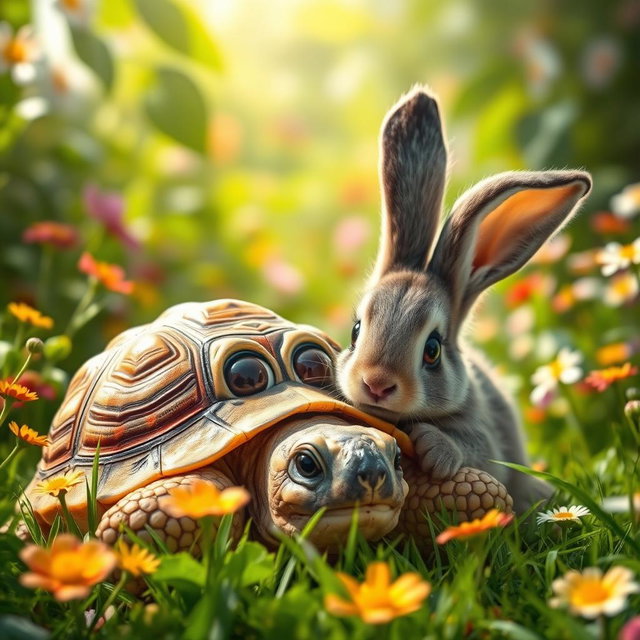 A scared tortoise with wide, expressive eyes peeking from its shell as a curious bunny approaches it