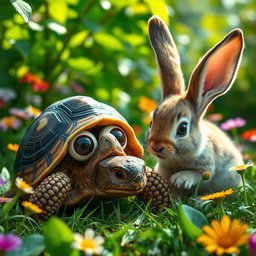 A scared tortoise with wide, expressive eyes peeking from its shell as a curious bunny approaches it
