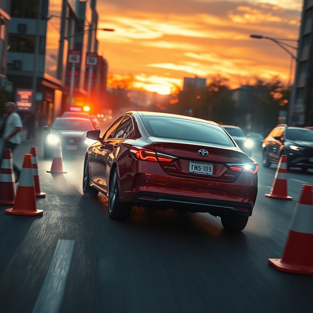 A dynamic scene of a car skillfully dodging various obstacles on a busy street