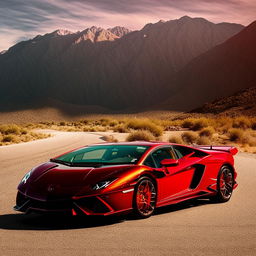 A stunning, blood-red Lamborghini shining in the sunlight, parked on a wide, open road amidst a breathtaking mountain range in the background.