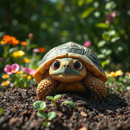 A frightened tortoise with wide, expressive eyes peeking from its shell, stating it's scared of wild animals