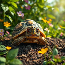 A frightened tortoise with wide, expressive eyes peeking from its shell, stating it's scared of wild animals