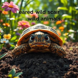 A frightened tortoise with wide, expressive eyes peeking from its shell, stating it's scared of wild animals