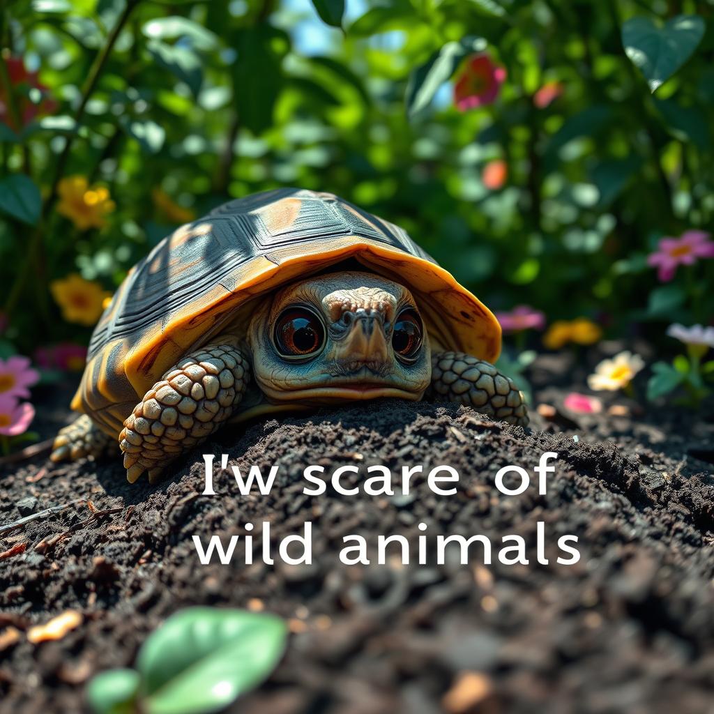 A frightened tortoise with wide, expressive eyes peeking from its shell, stating it's scared of wild animals