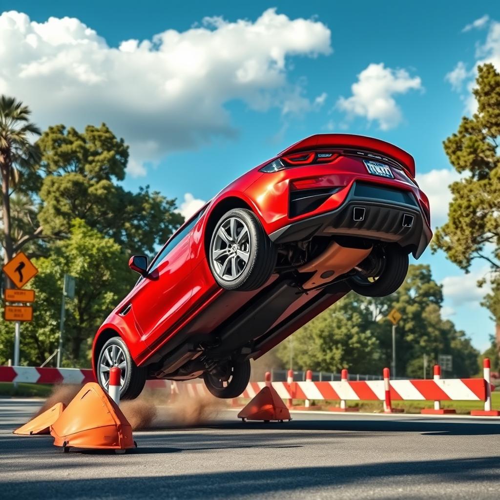A dynamic scene of a car expertly maneuvering around various obstacles while gracefully jumping through the air