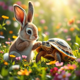 A frightened tortoise being gently pulled out of its shell by a friendly bunny, in a vivid and lush green environment filled with colorful flowers and soft sunlight