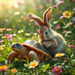 A frightened tortoise being gently pulled out of its shell by a friendly bunny, in a vivid and lush green environment filled with colorful flowers and soft sunlight