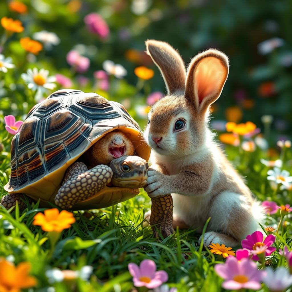 A frightened tortoise being gently pulled out of its shell by a friendly bunny, in a vivid and lush green environment filled with colorful flowers and soft sunlight