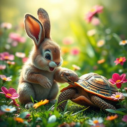 A frightened tortoise being gently pulled out of its shell by a friendly bunny, in a vivid and lush green environment filled with colorful flowers and soft sunlight