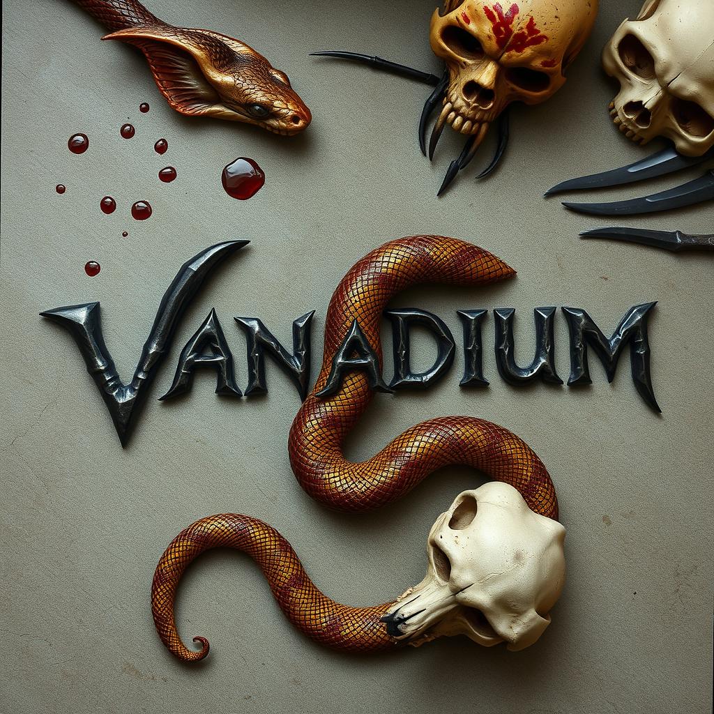 The word 'Vanadium' intricately shaped around the body of a snake, its scales a stunning mix of brown and gold, glimmering as if reflecting light