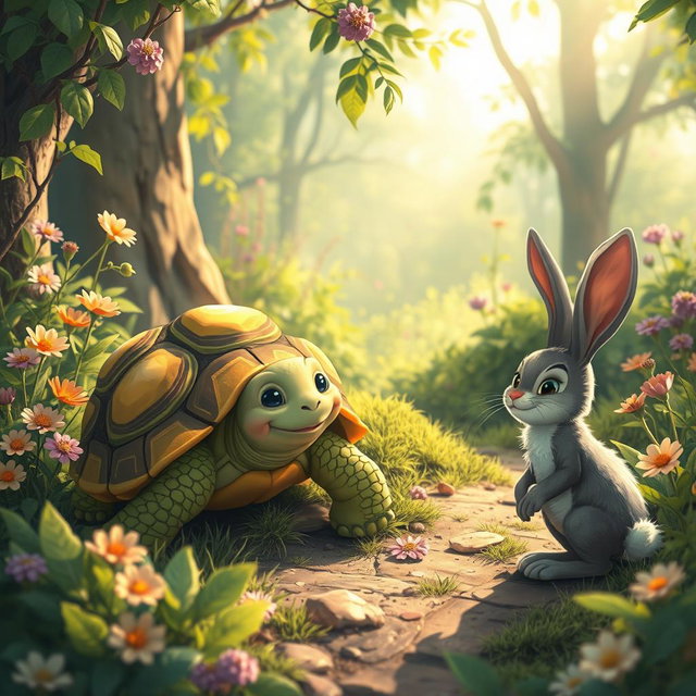 A scene illustrating a moment of realization for a tortoise, now emerging from its shell with a newfound confidence and understanding of the wild life around it