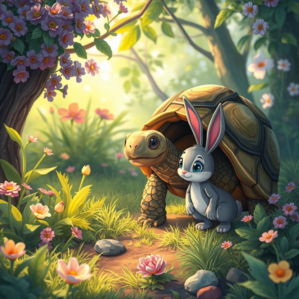 A scene illustrating a moment of realization for a tortoise, now emerging from its shell with a newfound confidence and understanding of the wild life around it