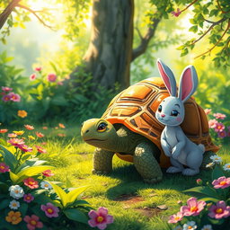 A scene illustrating a moment of realization for a tortoise, now emerging from its shell with a newfound confidence and understanding of the wild life around it