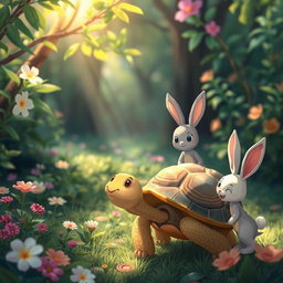 A scene illustrating a moment of realization for a tortoise, now emerging from its shell with a newfound confidence and understanding of the wild life around it