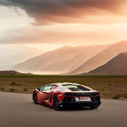 A stunning, blood-red Lamborghini shining in the sunlight, parked on a wide, open road amidst a breathtaking mountain range in the background.