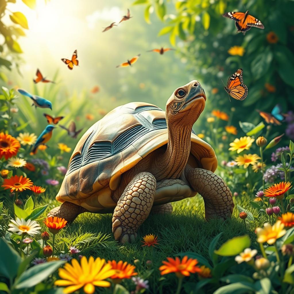 A tortoise having a profound moment of realization, standing confidently outside its shell in a vibrant and lively environment showcasing the beauty of wildlife