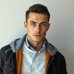 A highly realistic full-body portrait of a man with beautiful short black hair and striking rare blue color eyes