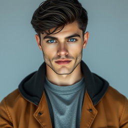 A highly realistic full-body portrait of a man with beautiful short black hair and striking rare blue color eyes