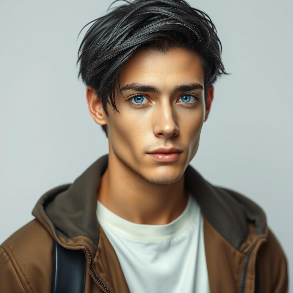 A highly realistic full-body portrait of a man with beautiful short black hair and striking rare blue color eyes