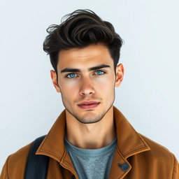 A highly realistic full-body portrait of a man with beautiful short black hair and striking rare blue color eyes