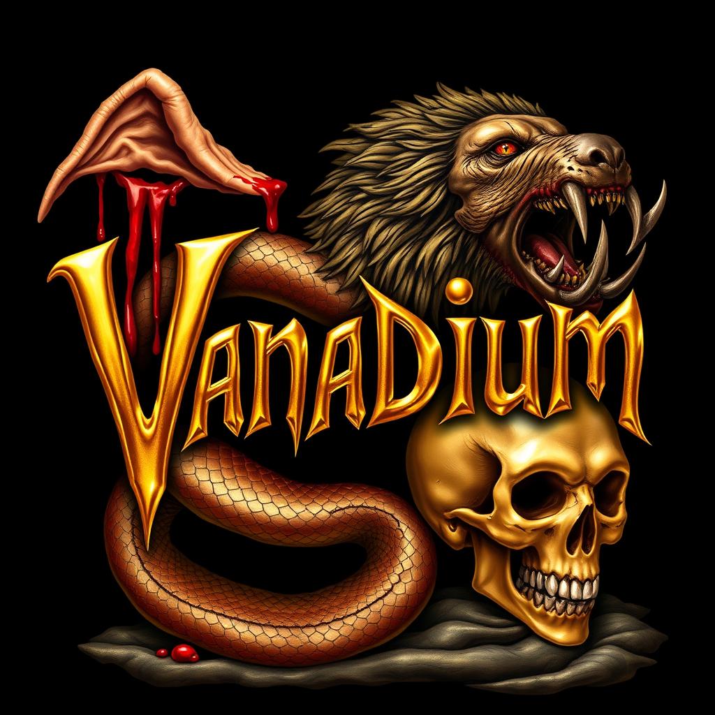 The name 'Vanadium' artistically rendered in shimmering gold letters, entwined with a snake's body whose scales are a blend of rich brown and lustrous gold hues