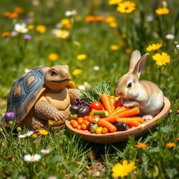 The tortoise expressing gratitude to the friendly bunny by offering an abundance of colorful, fresh vegetables and juicy carrots laid out on a natural wooden platter