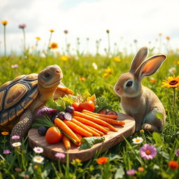 The tortoise expressing gratitude to the friendly bunny by offering an abundance of colorful, fresh vegetables and juicy carrots laid out on a natural wooden platter
