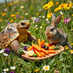 The tortoise expressing gratitude to the friendly bunny by offering an abundance of colorful, fresh vegetables and juicy carrots laid out on a natural wooden platter