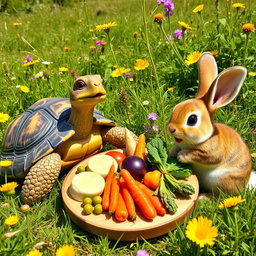 The tortoise expressing gratitude to the friendly bunny by offering an abundance of colorful, fresh vegetables and juicy carrots laid out on a natural wooden platter