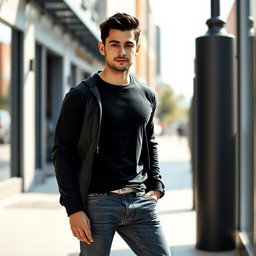 A realistic full-body portrait of a man with beautiful short black hair and rare blue eyes, dressed in stylish casual clothing