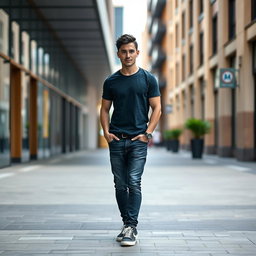 A realistic full-body portrait of a man with beautiful short black hair and rare blue eyes, dressed in stylish casual clothing