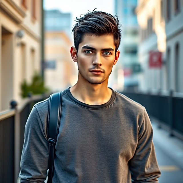 A realistic full-body portrait of a man with beautiful short black hair and rare blue eyes, dressed in stylish casual clothing