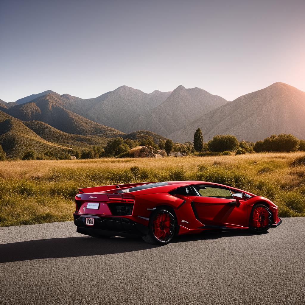 A stunning, blood-red Lamborghini shining in the sunlight, parked on a wide, open road amidst a breathtaking mountain range in the background.