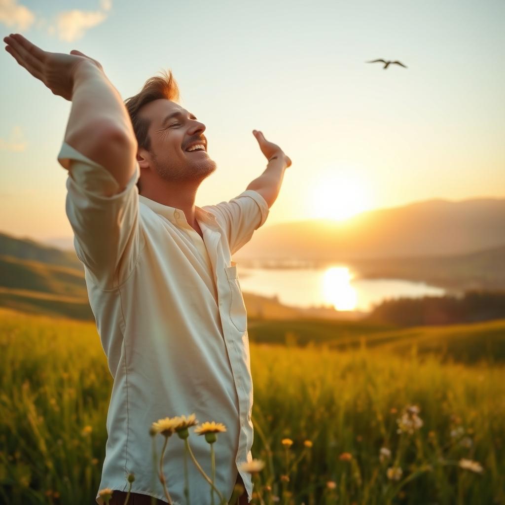 A serene and uplifting scene of a person singing and praying in a peaceful, nature-filled environment