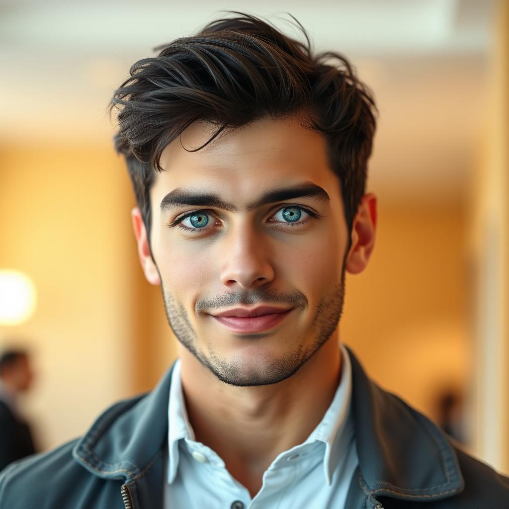 A realistic full-body portrait of a man with beautiful short black hair and striking rare blue eyes