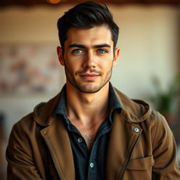 A realistic full-body portrait of a man with beautiful short black hair and striking rare blue eyes