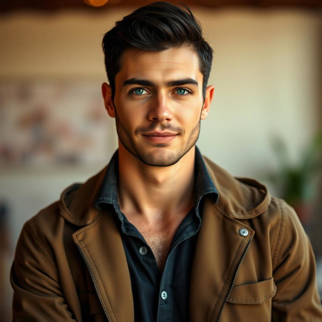 A realistic full-body portrait of a man with beautiful short black hair and striking rare blue eyes