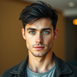 A realistic full-body portrait of a man with beautiful short black hair and striking rare blue eyes